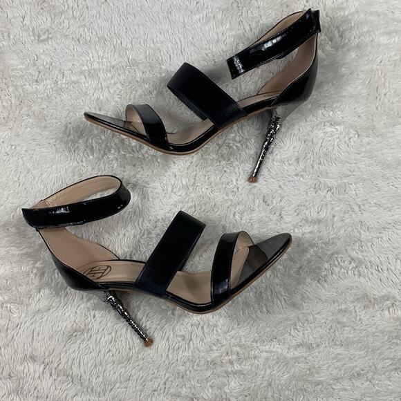 Little Empresses black stiletto and silver heel strappy sandals, size 39 or 8 - Picture 1 of 7